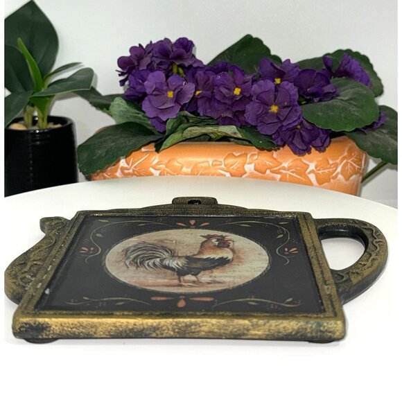 Vintage Rooster Themed Cast Metal Teapot Shaped Trivet/Wall Decor - Picture 4 of 10